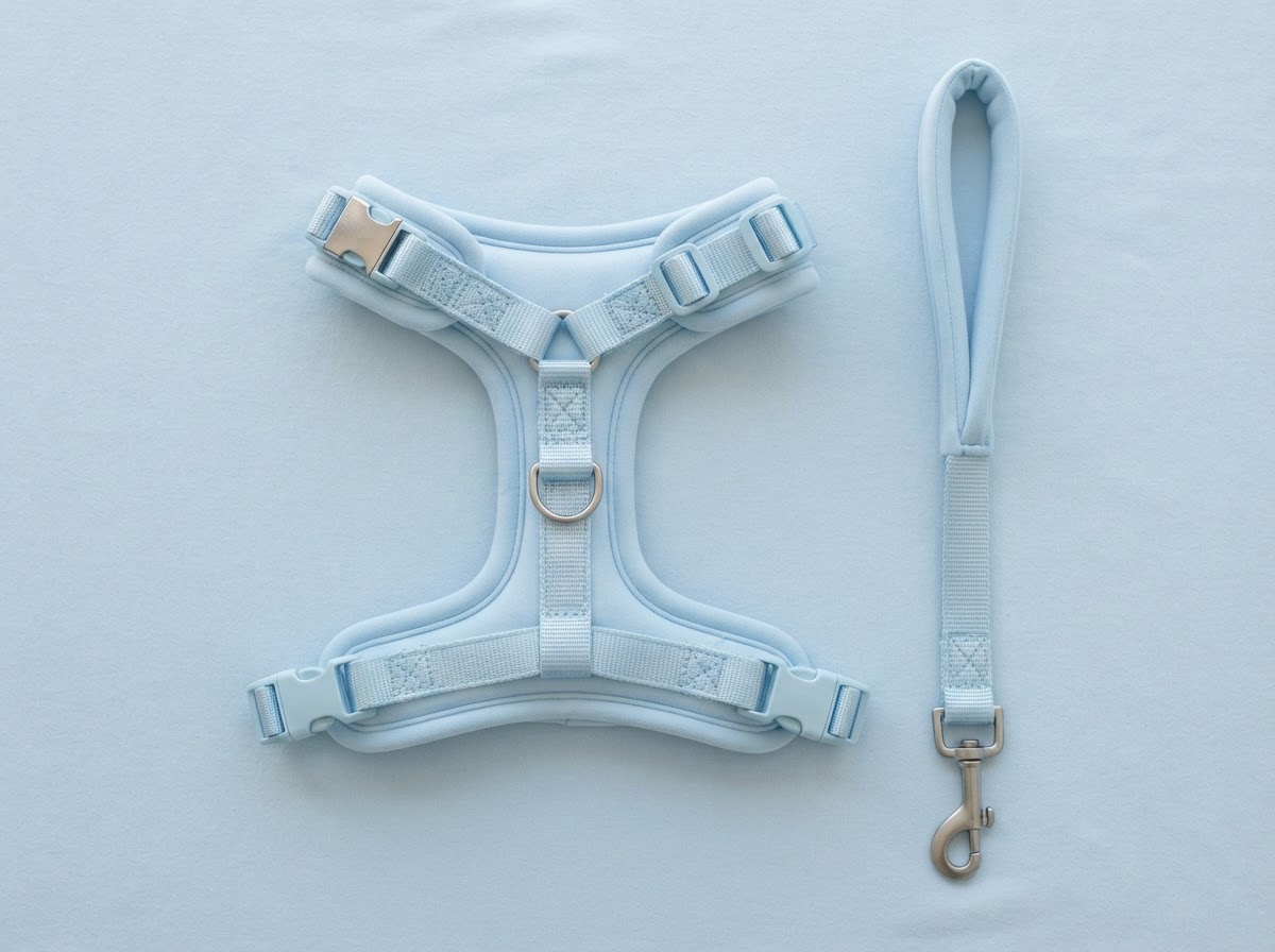 A no-pull harness and leash arranged as a flat-lay