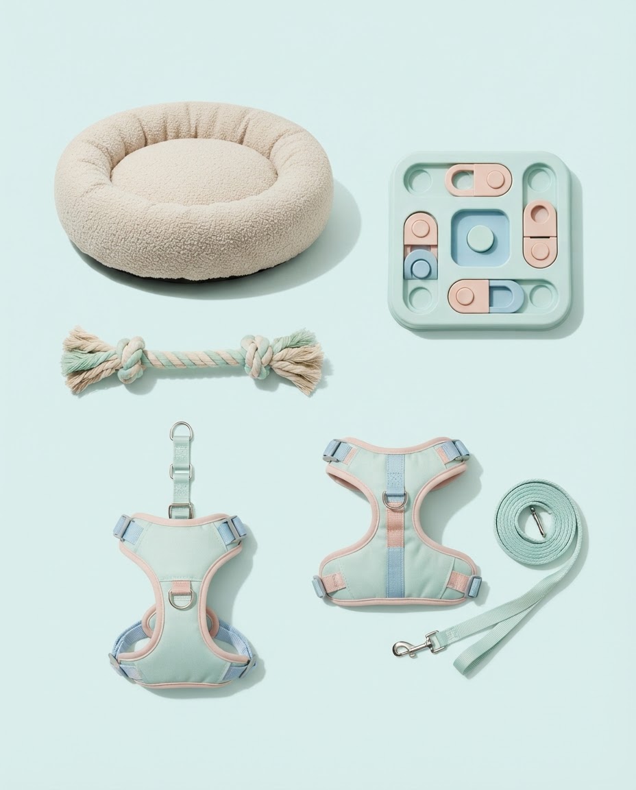 A pet bed, rope tug, treat puzzle and harness arranged as a flat-lay on mint