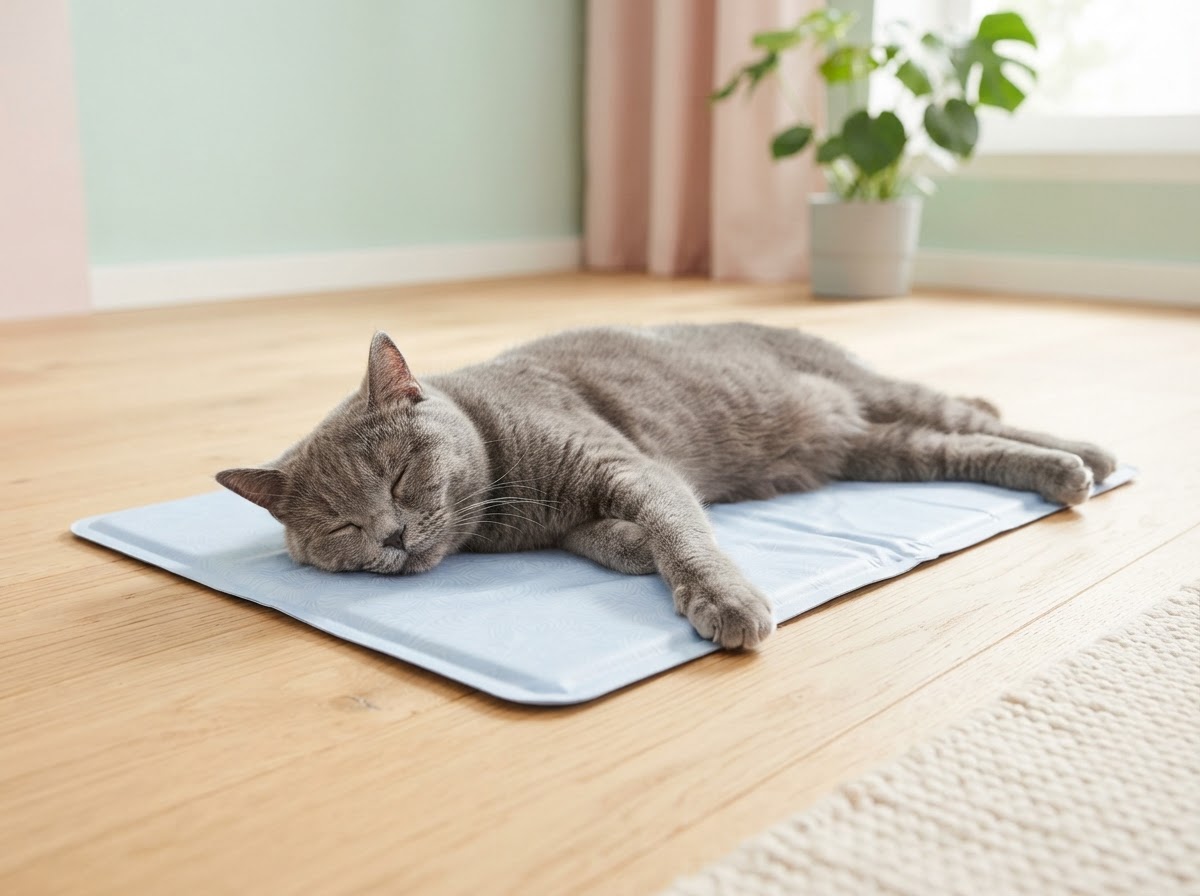 A cat resting on a cooling mat