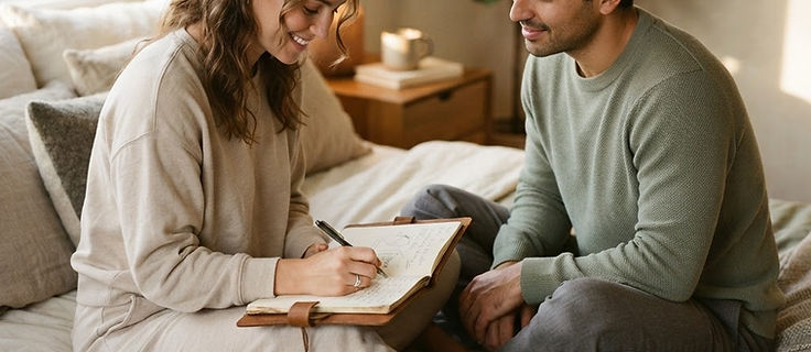 An open book with blank pages beside a sprig of dried eucalyptus