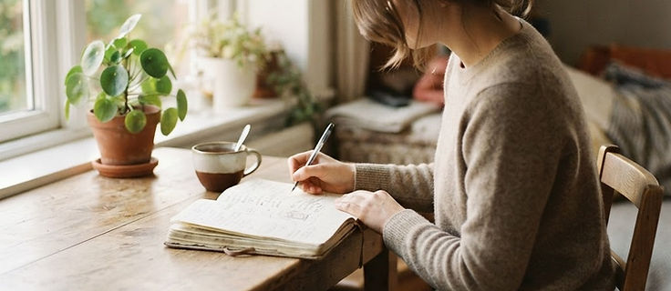 A person writing in a notebook at a wooden table beside a bright window, with a small plant and a cup of tea nearby