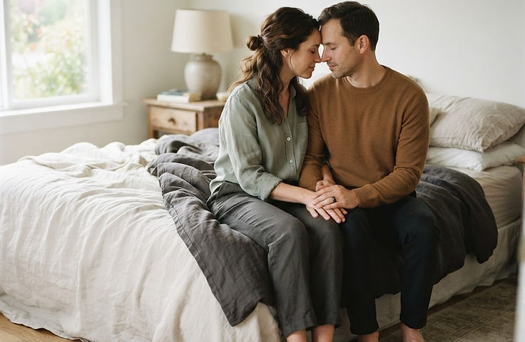 A couple lying close together on a bed, foreheads touching in warm morning light