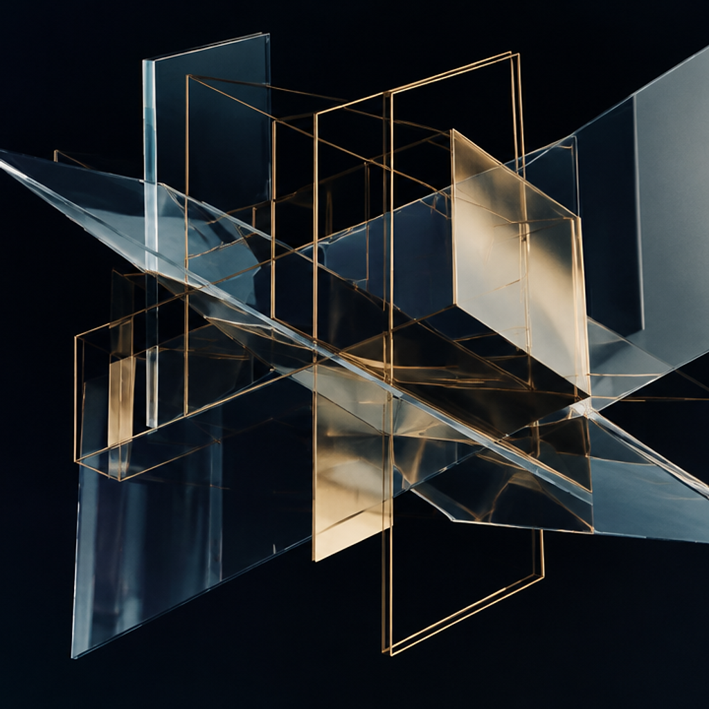 Abstract geometric glass and gold structure on a navy field