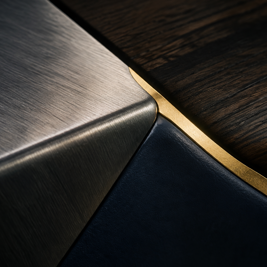 Macro detail of brushed steel, dark wood and gold inlay
