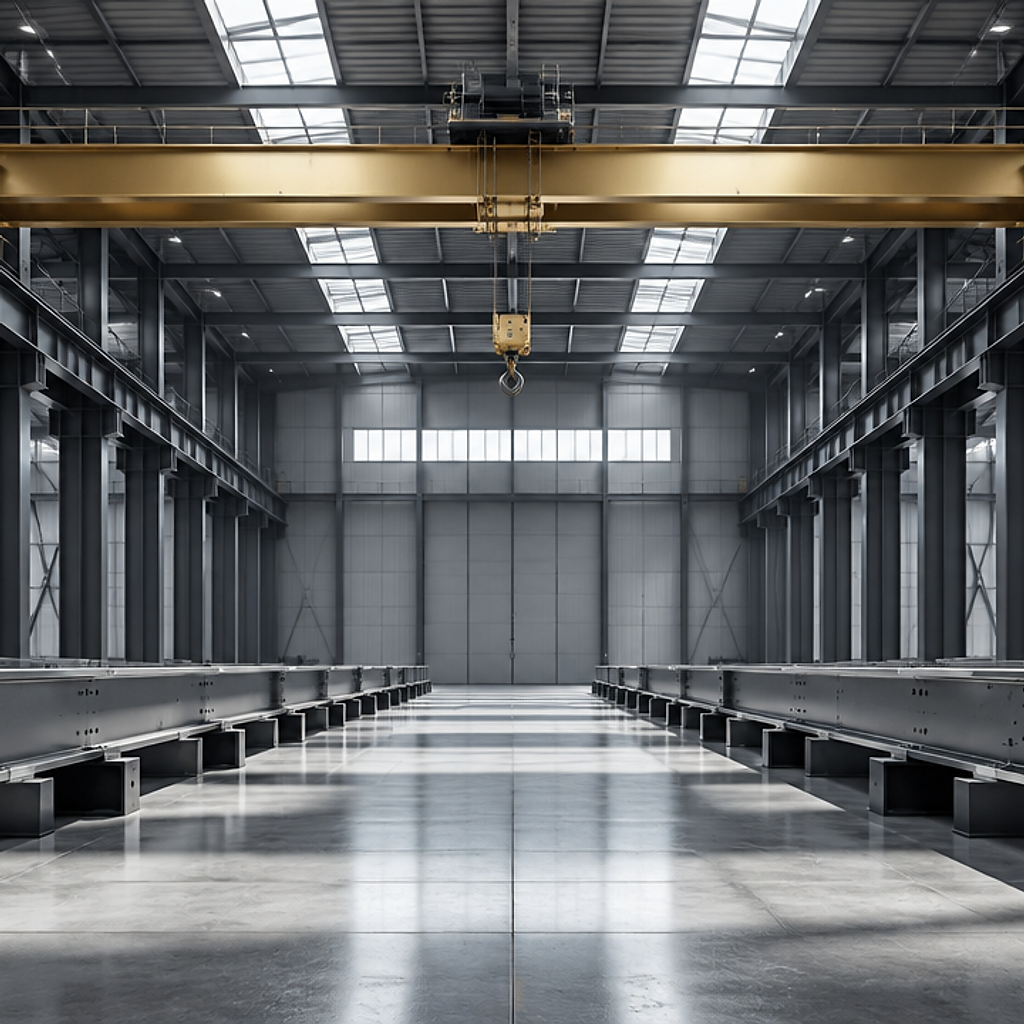 Steel structural gantry inside a clean industrial hall