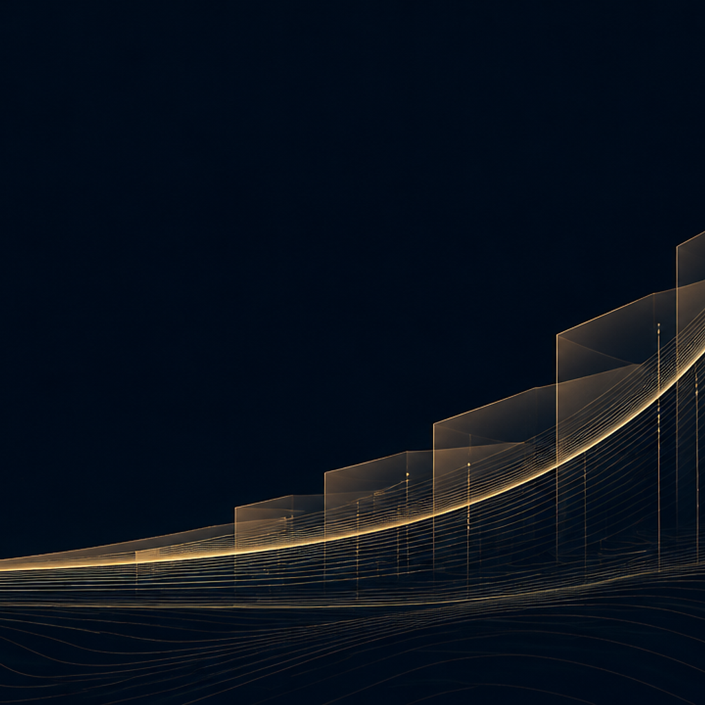 Abstract gold contour lines rising across a deep navy field