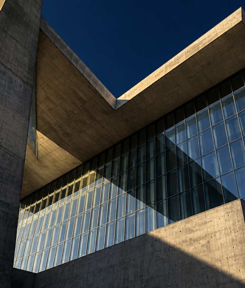 Monumental modern architecture with sharp directional light
