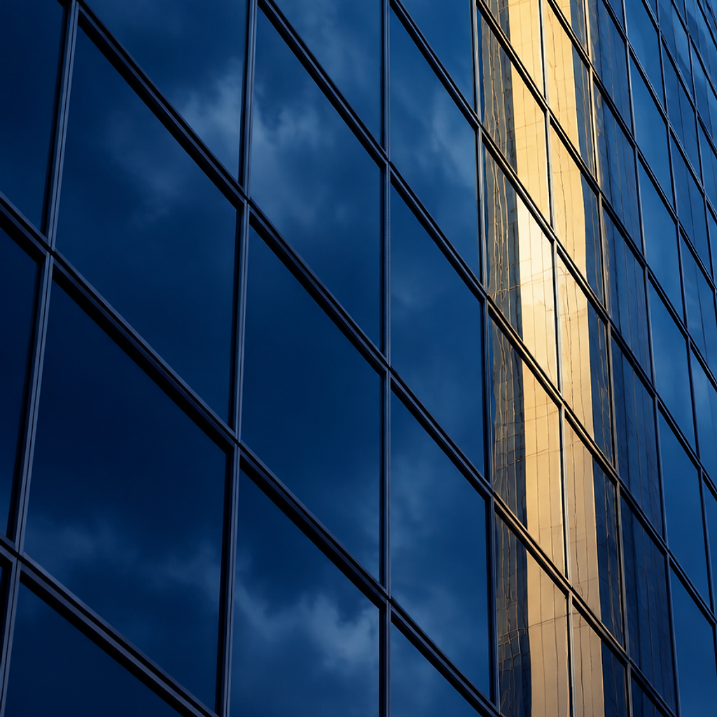 Oblique view of a glass curtain wall reflecting navy and gold light