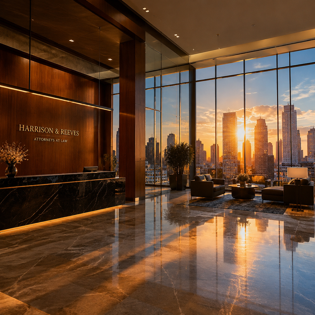 Modern law firm lobby at golden hour