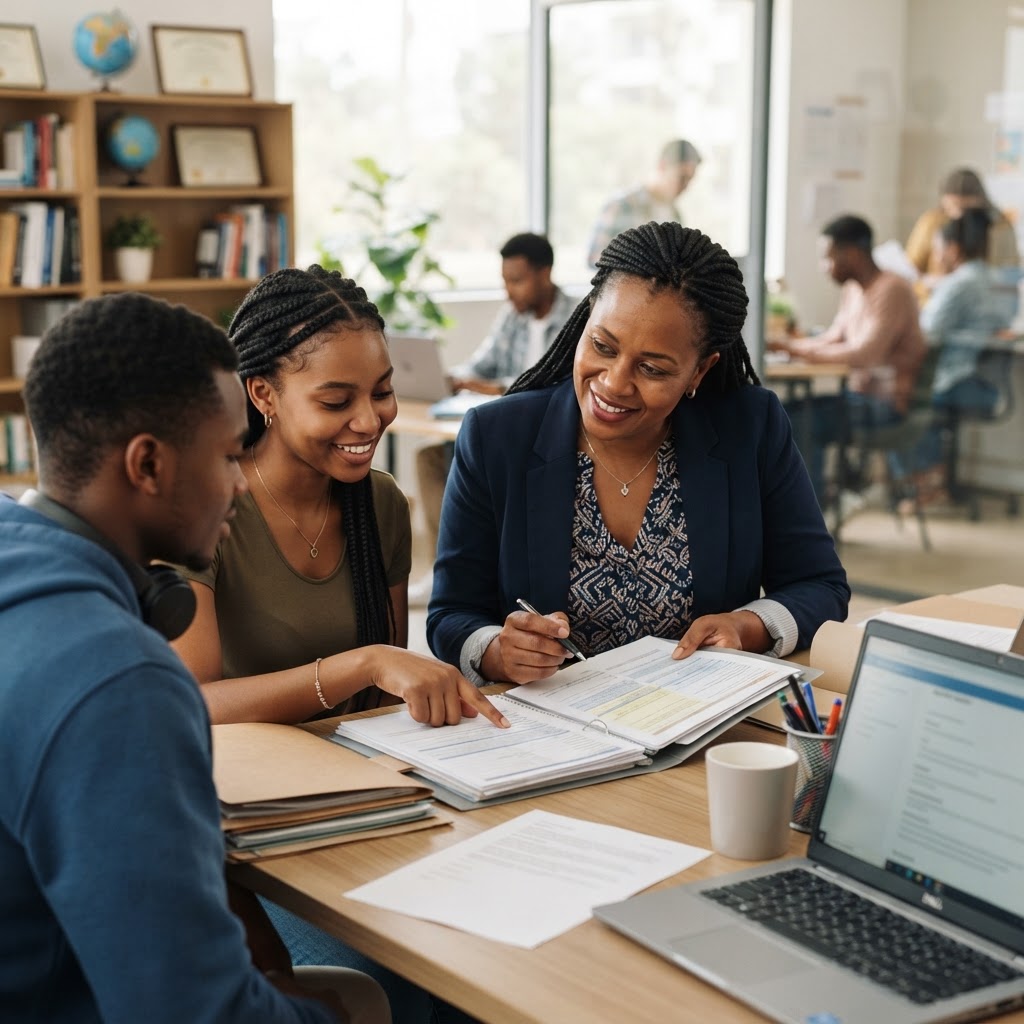 Séance de conseil avec des étudiants africains et un conseiller de l'institut
