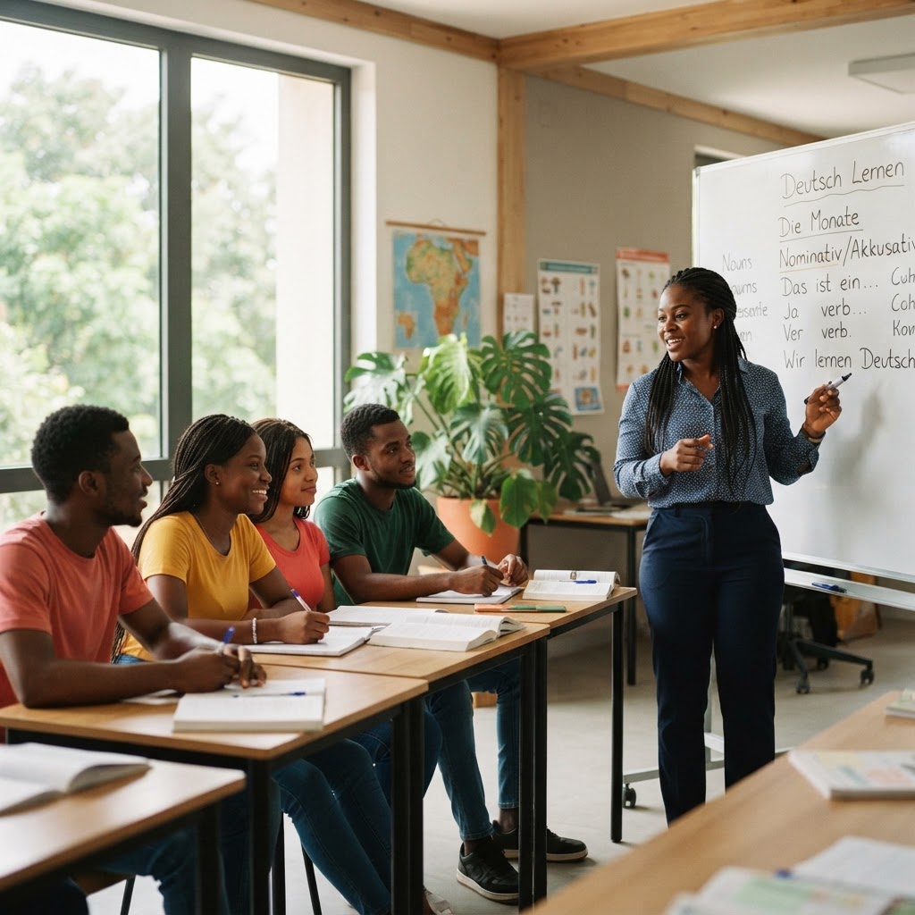 Salle de cours d'allemand avec des étudiants africains et une enseignante au tableau