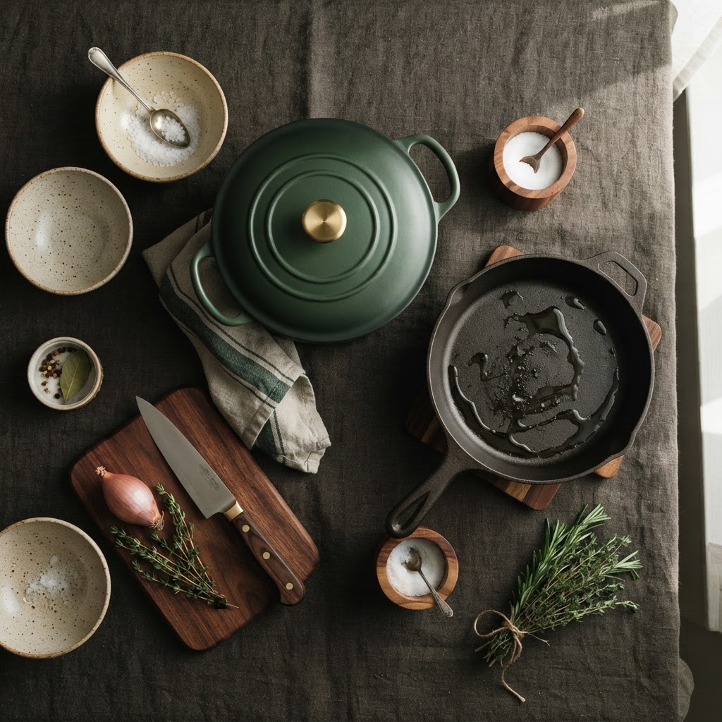 A flat-lay of the Kitchen by Bloom collection: a dutch oven, a cast iron skillet, a chef's knife, stoneware bowls and acacia boards on linen