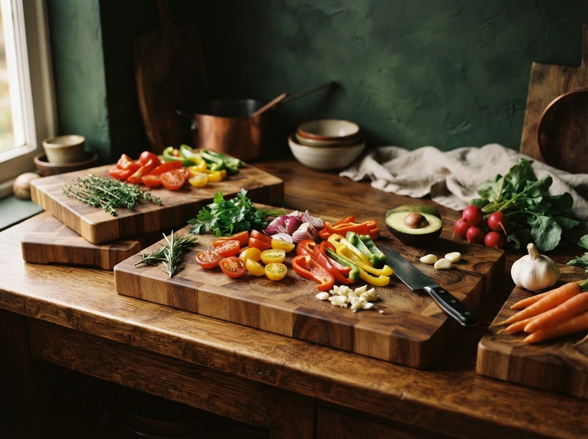 Acacia cutting boards with fresh vegetables on a warm oak counter