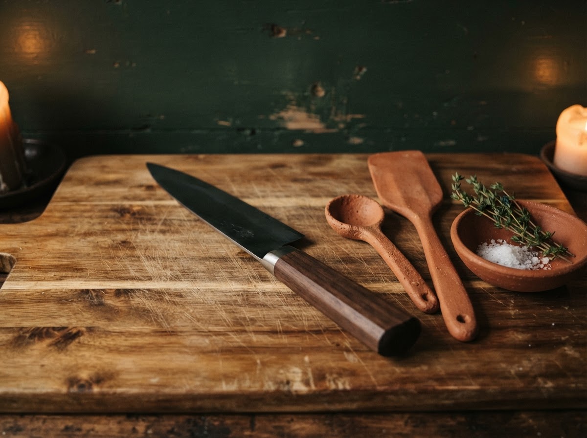 A chef's knife and terracotta utensils arranged on an acacia board