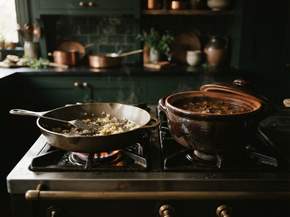 A cast iron skillet and a clay dutch oven side by side on a stovetop