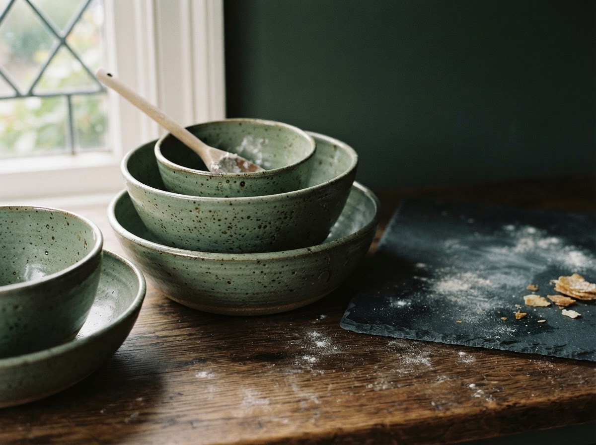 Sage stoneware mixing bowls and a slate baking sheet on a counter
