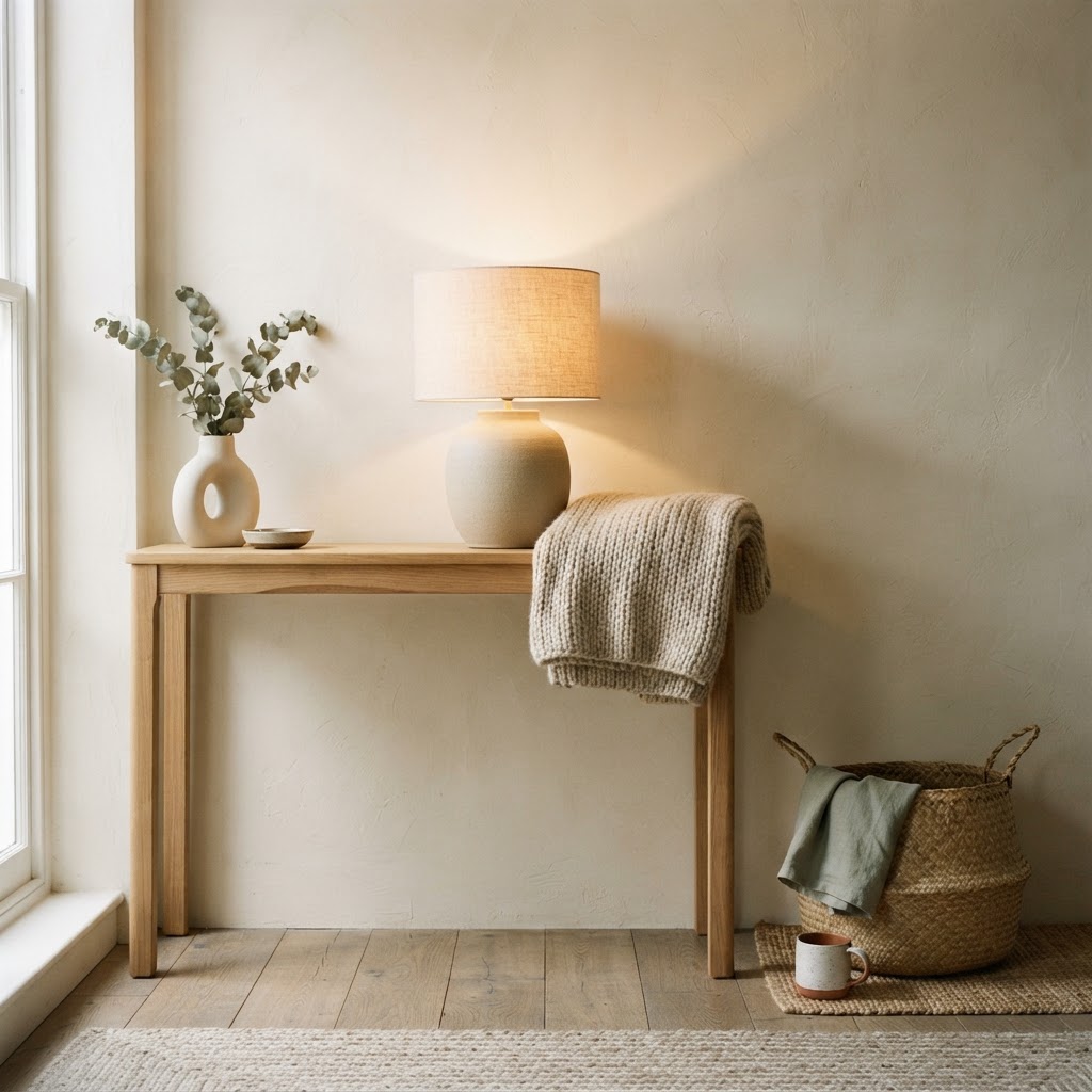 A linen-shaded ceramic lamp, a folded knit throw and a woven basket in a warm, minimal room