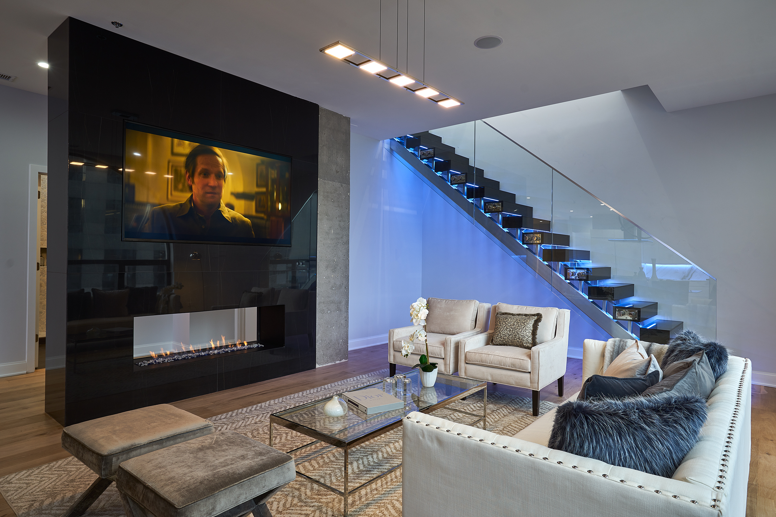 The fireplace, in the evening