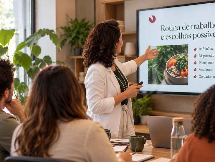 Nutricionista apresentando uma ação de saúde para a equipe no escritório