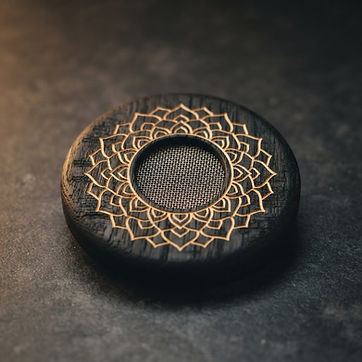Cocktail smoker lid — geometric mandala carved through the char around the screen.