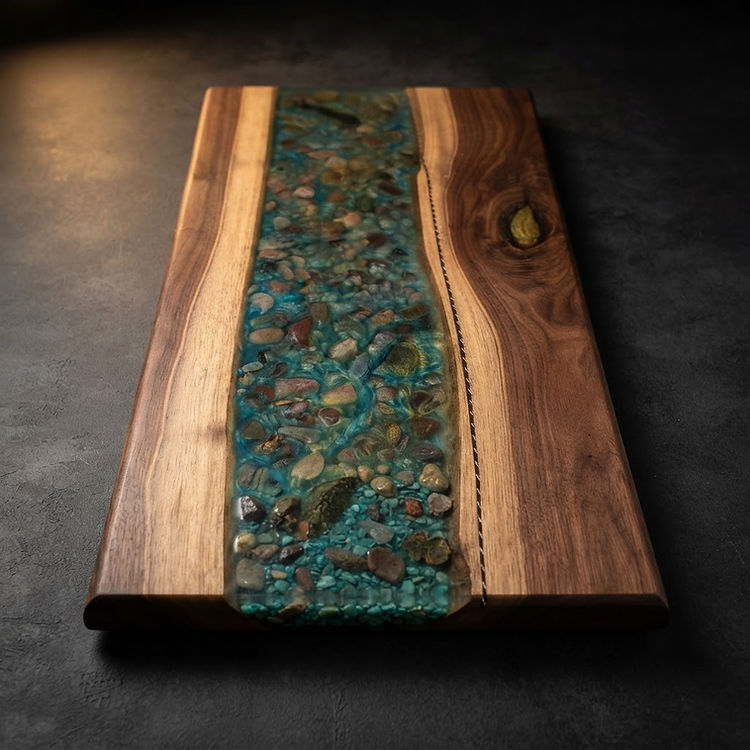 Live Edge River Board with Stone