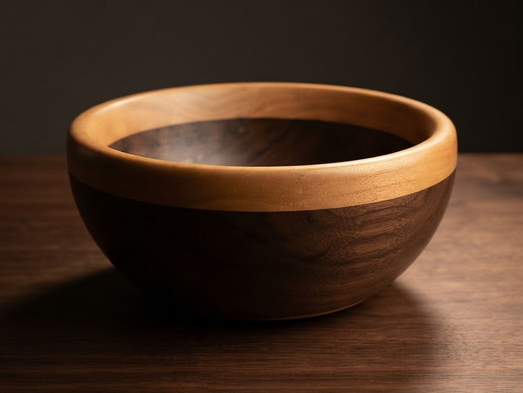 A maple and walnut bowl, banded through the wall.
