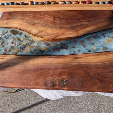The same board, from the other side — milky blue mica over stone.