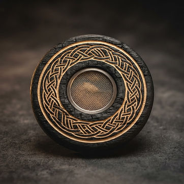 Cocktail smoker lid — Celtic knot carved through the char around the screen.