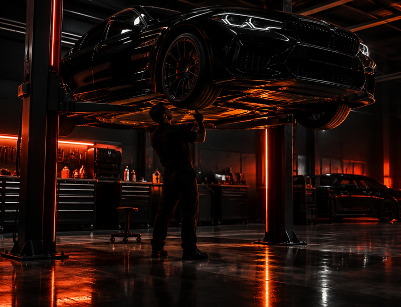 Atelier automobile sombre et premium du garage pneus Pneu Center à Roubaix