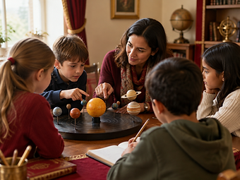 An educator guiding a small group of children through a science model