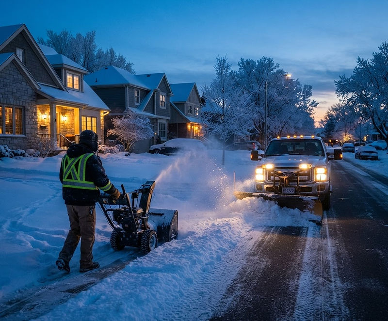 A snow removal crew clearing a driveway at dawn