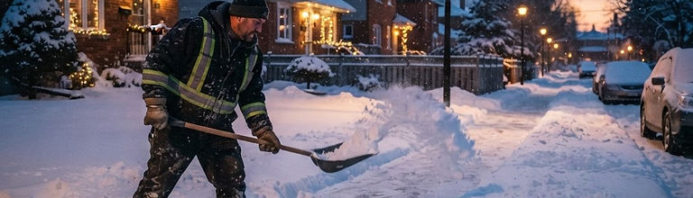 A worker shoveling a snowy sidewalk at dusk