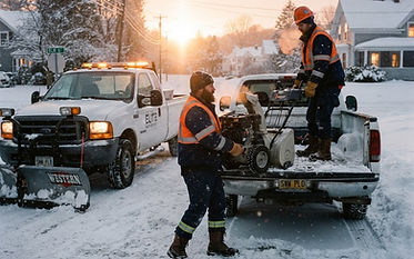 A crew loading a snow blower onto a plow truck at sunrise