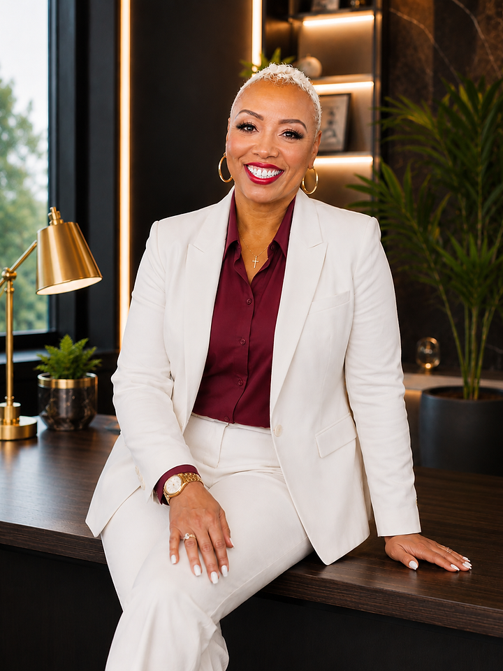 Dr. Maricia Sherman, poised in a cream blazer, looking warmly toward the viewer
