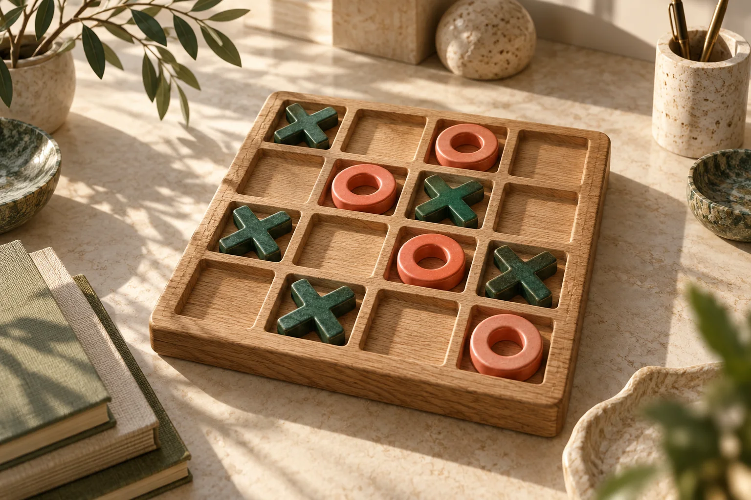 Coral rings and dark green crosses on a carved wooden game board in soft sunlight