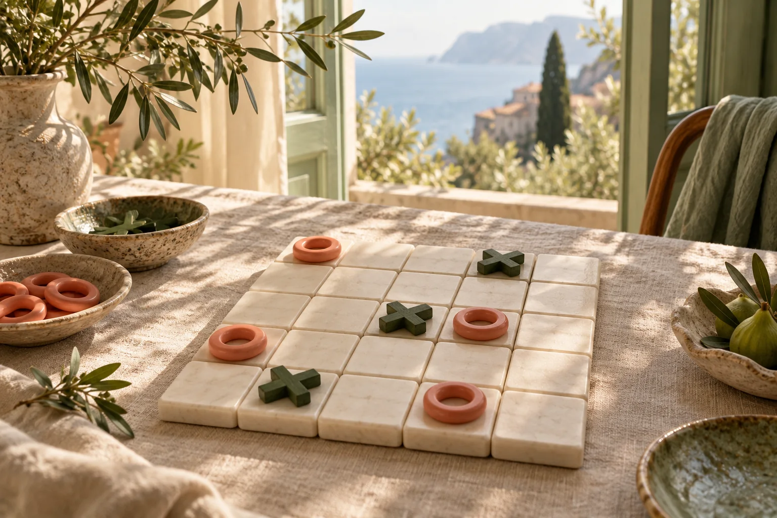 Ivory game-board tiles and coral and green pieces beside an open Mediterranean window