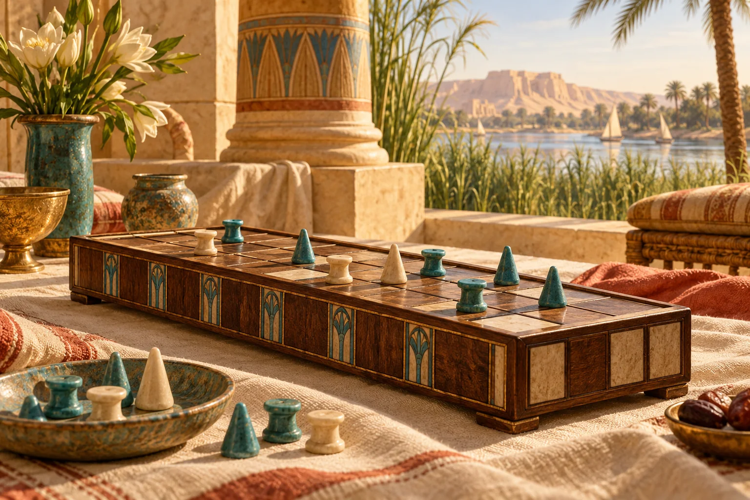 Artistic impression of ancient Egyptian gaming pieces and a race-game board beside the Nile