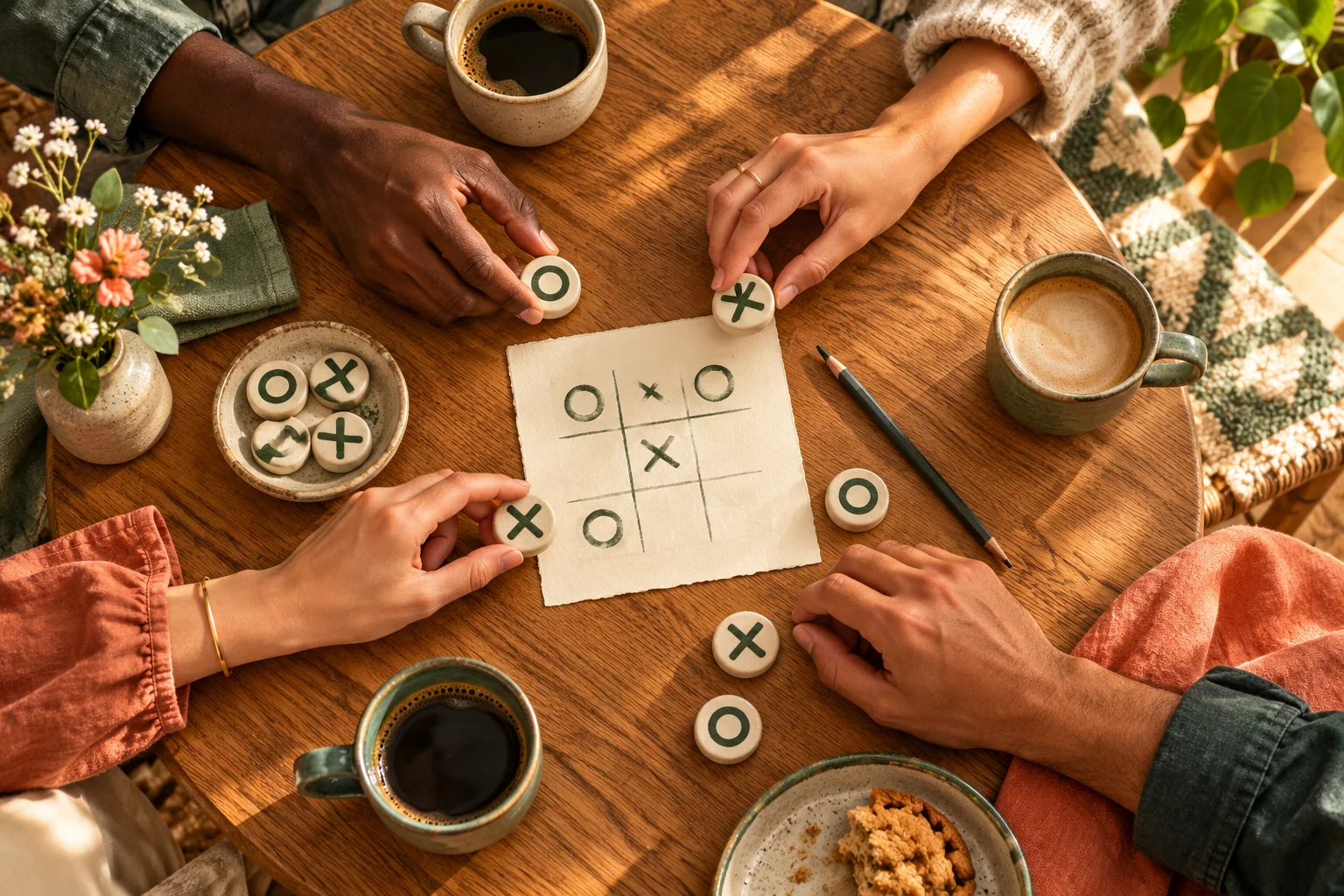 Hands of different skin tones sharing an X-and-O game around a sunlit table