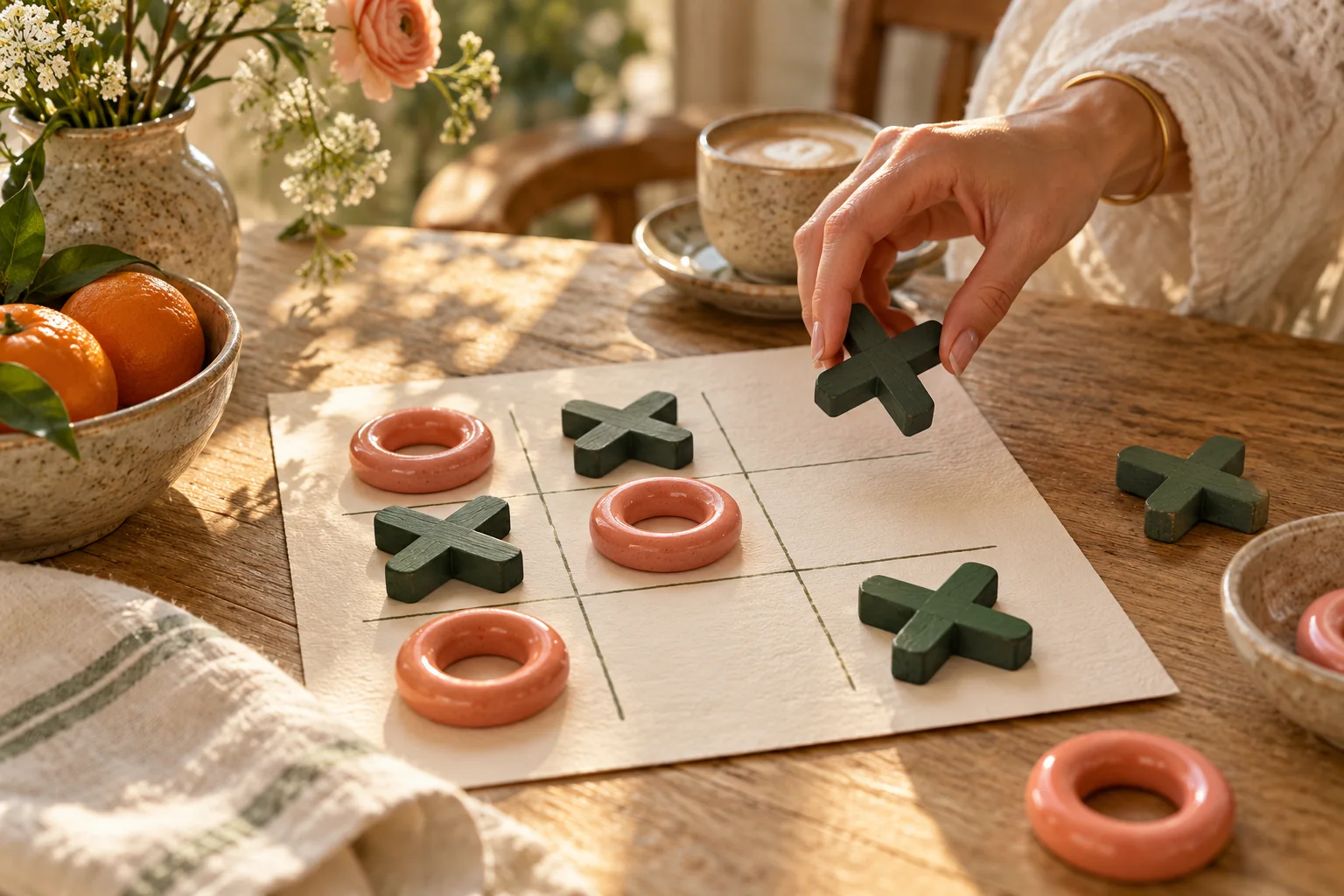 A hand choosing a green wooden cross above a paper noughts and crosses game