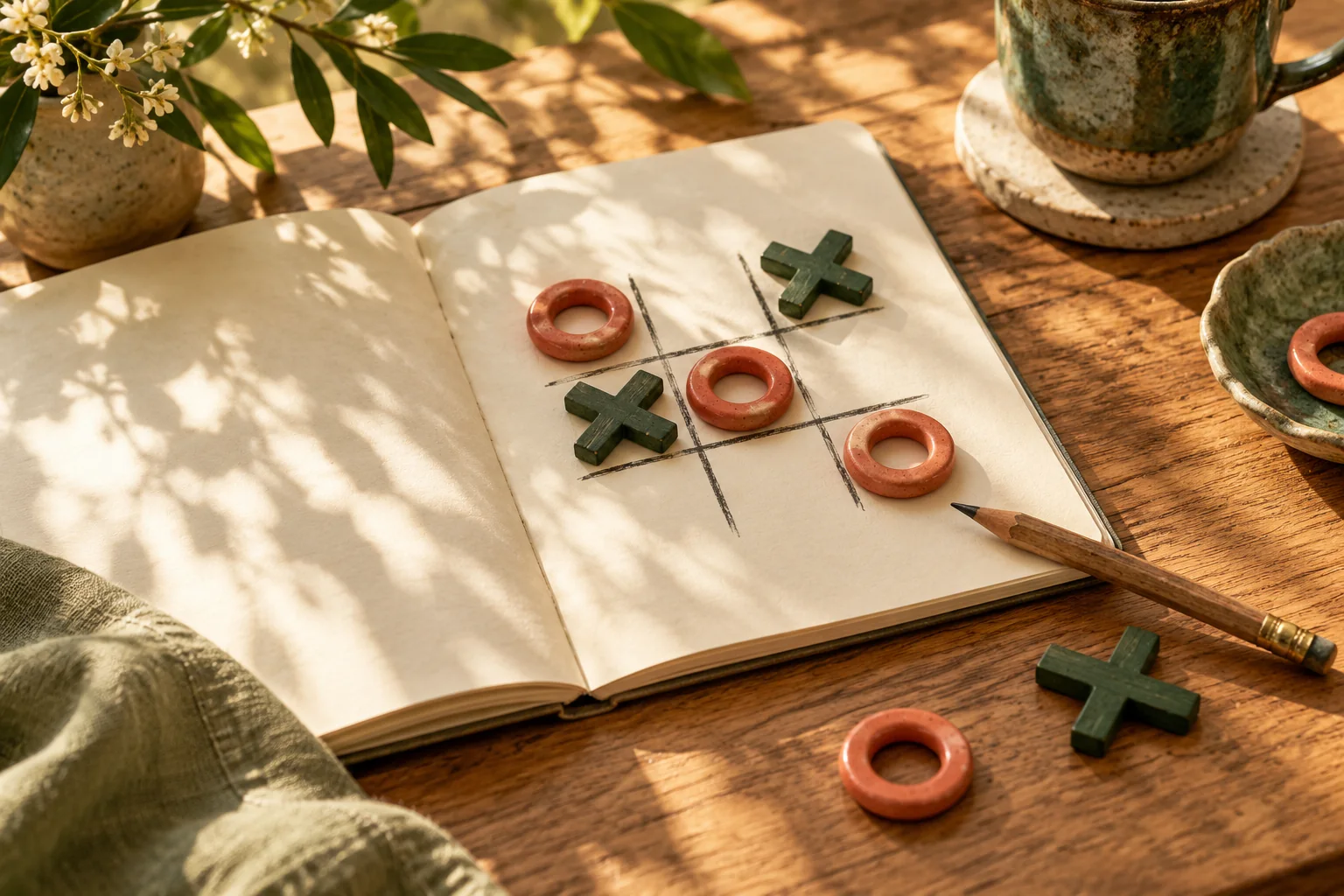 Sunlit notebook with a noughts and crosses grid, green wooden crosses and coral ceramic rings