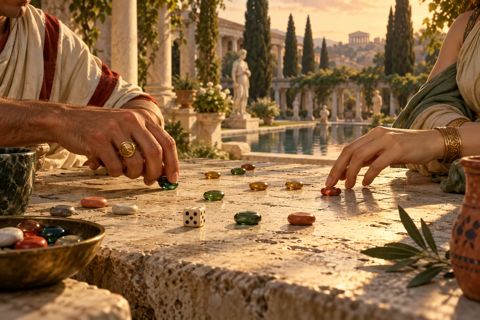 Artistic impression of Roman players moving glass counters on a stone tabletop