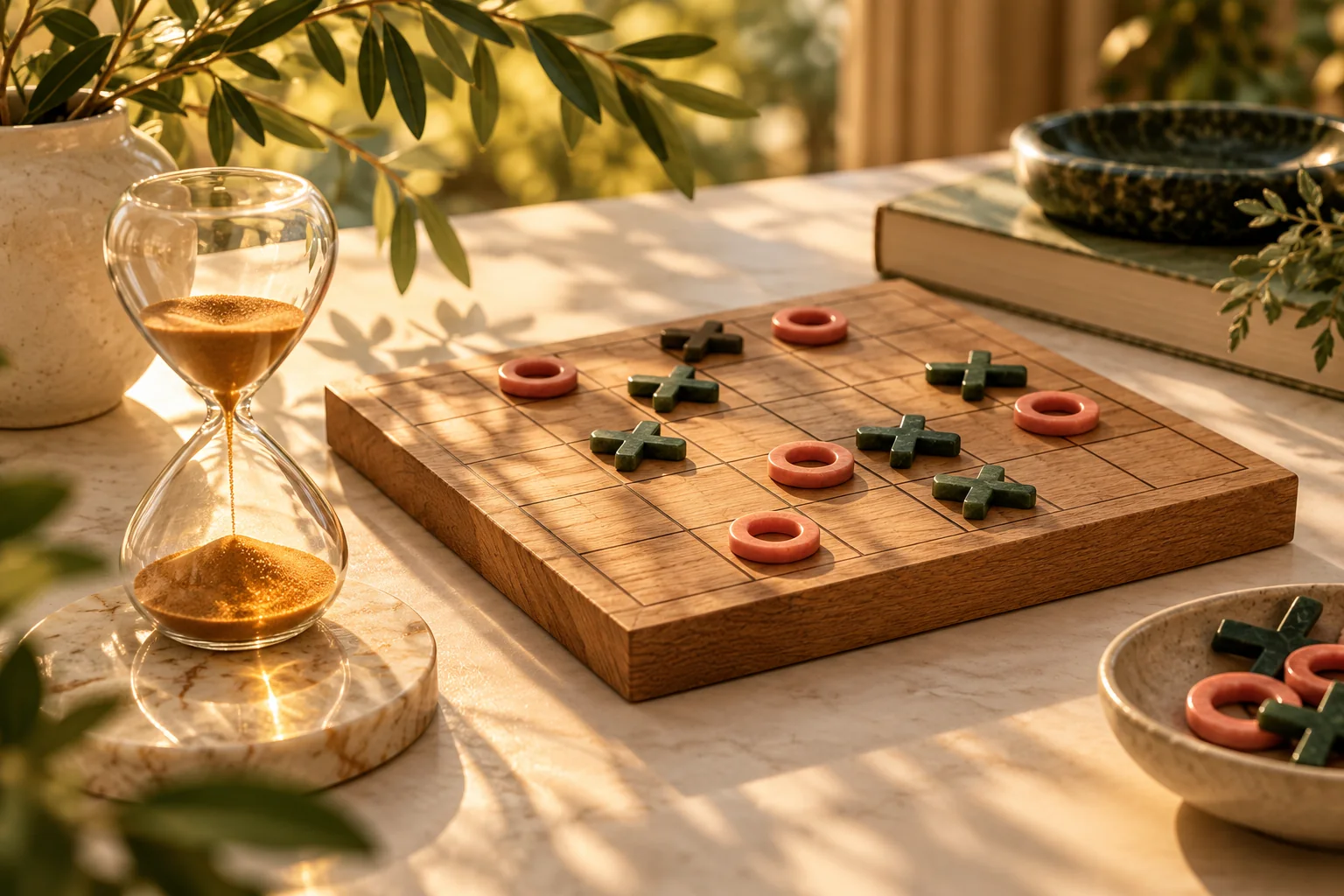 An amber-sand hourglass beside a wooden X-and-O game in warm afternoon light