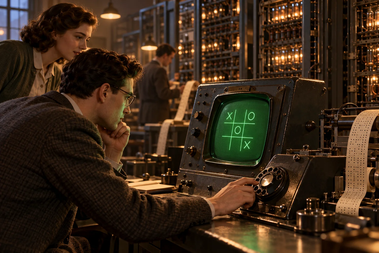 Artistic impression of an early computing room with a green X-and-O display and rotary dial