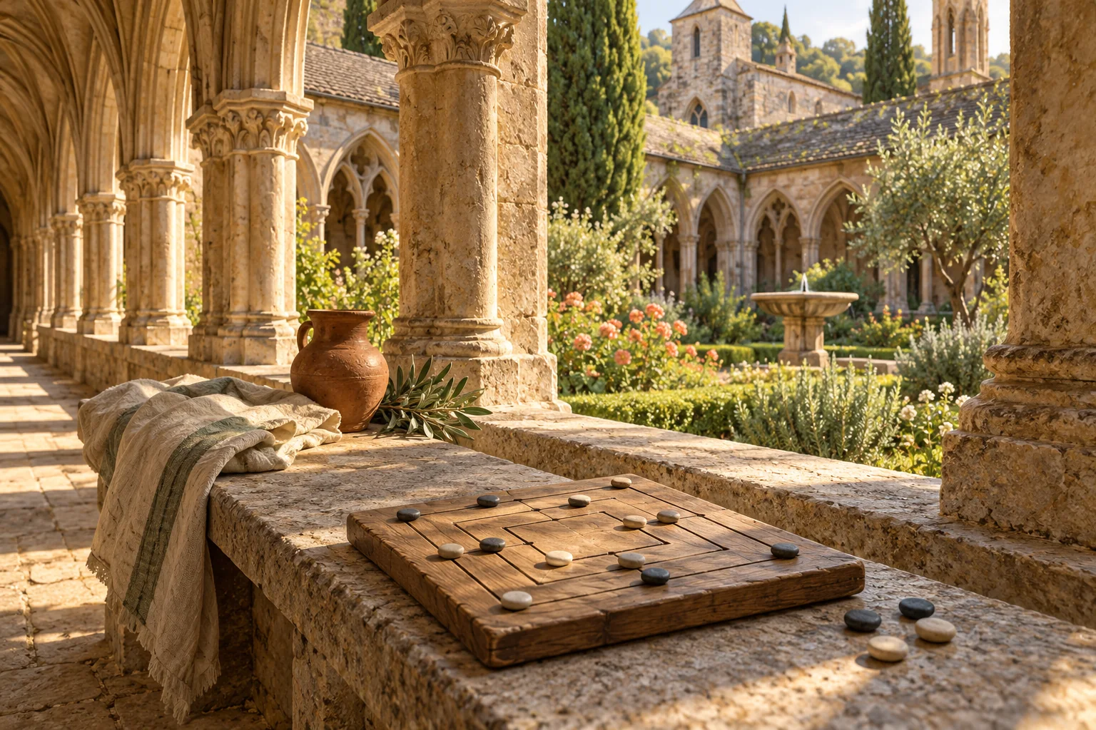 Artistic impression of a wooden alignment-game board and pebbles in a medieval cloister