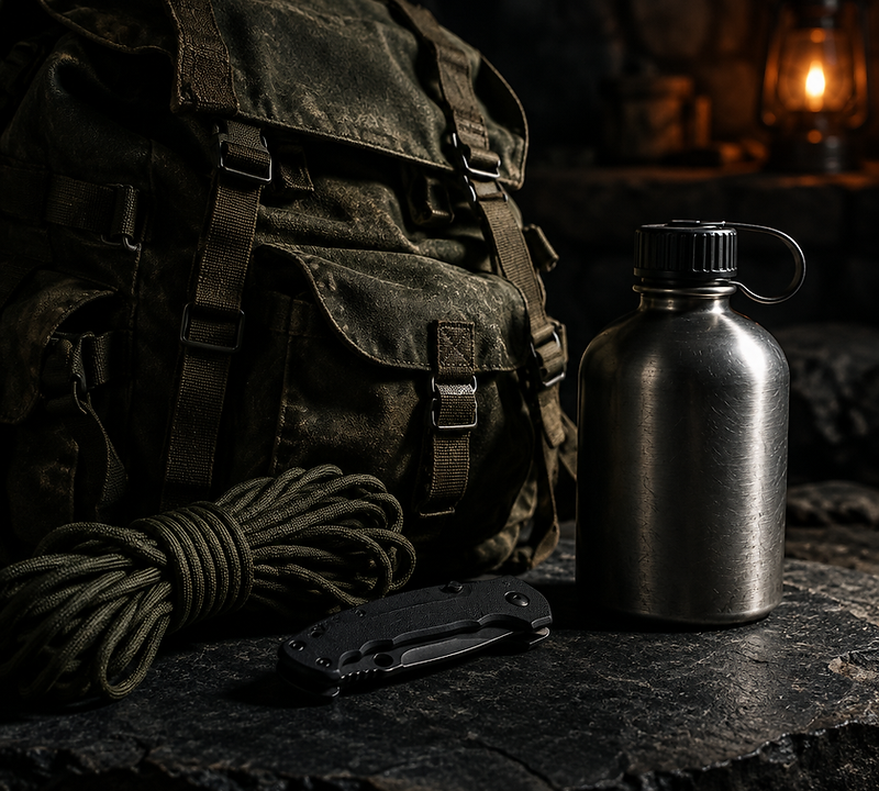 Preparedness field gear laid out in low light