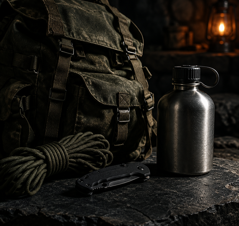 Preparedness field gear laid out in low light