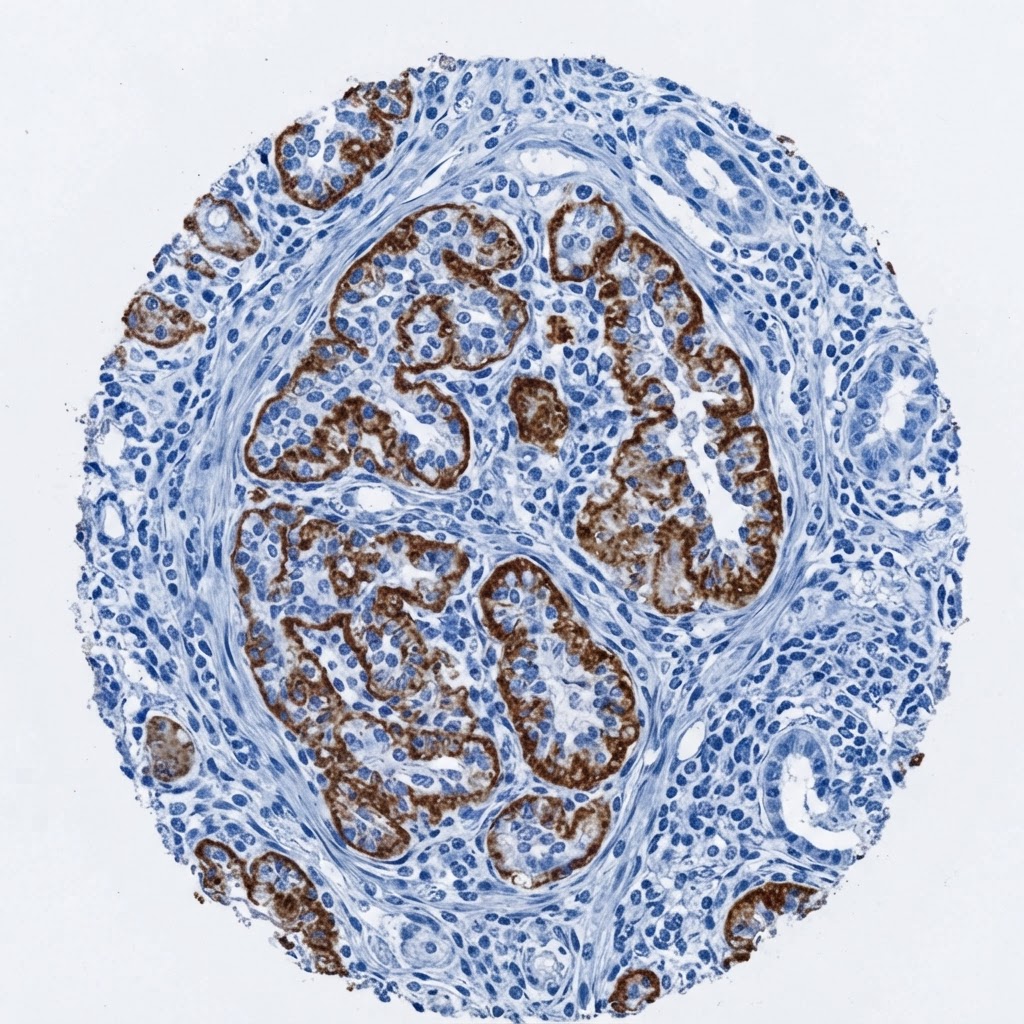 Immunohistochemistry IHC stained tissue section under microscope