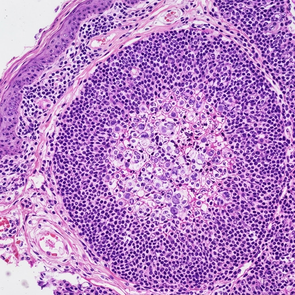 H&E stained histology tissue section under microscope