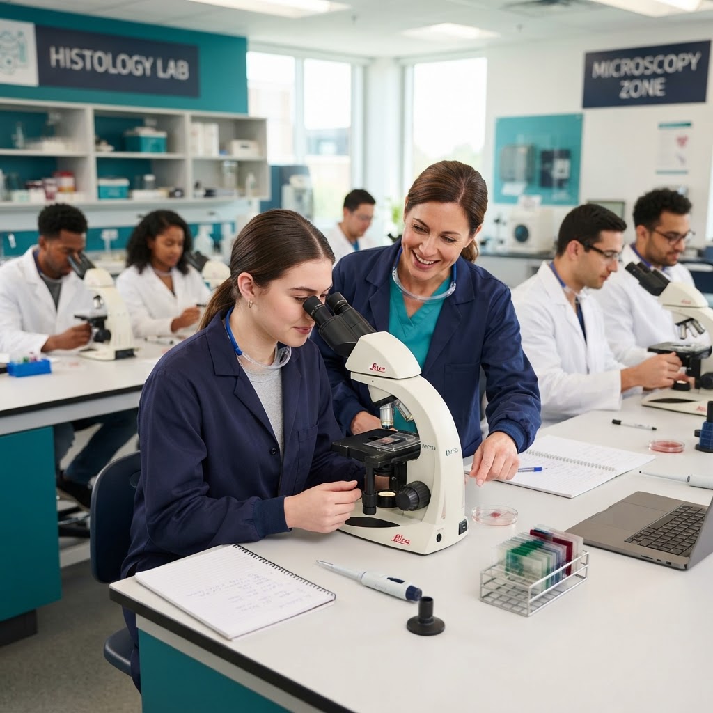 AnaPath students receiving hands-on histology laboratory instruction with microscopes