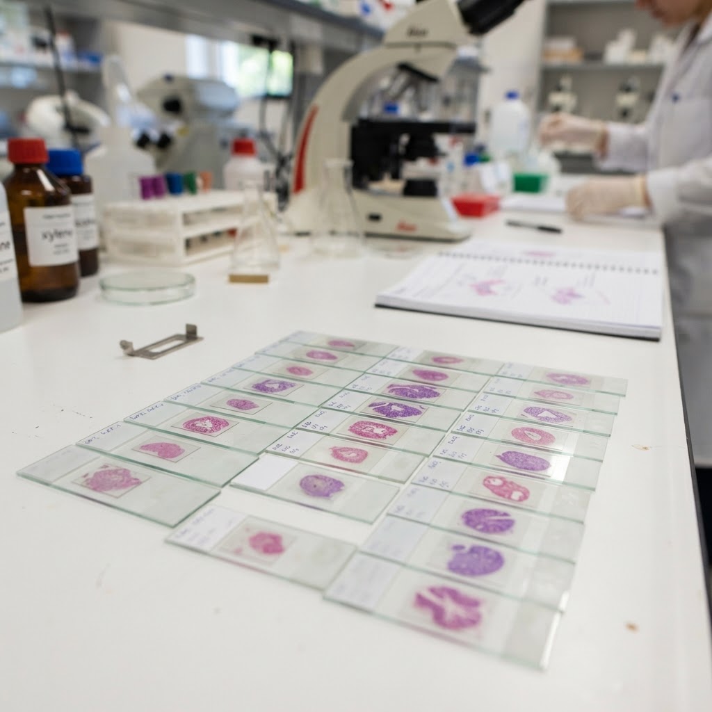 Histology microscope slides arranged on a laboratory bench